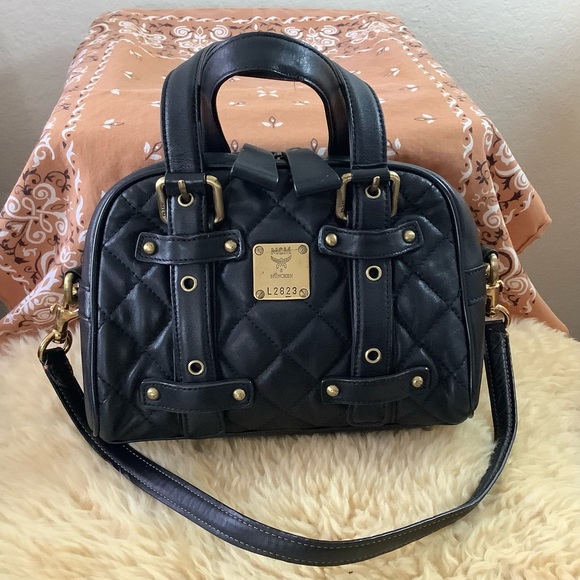 MCM Black Quilted Satchel with Gold Details